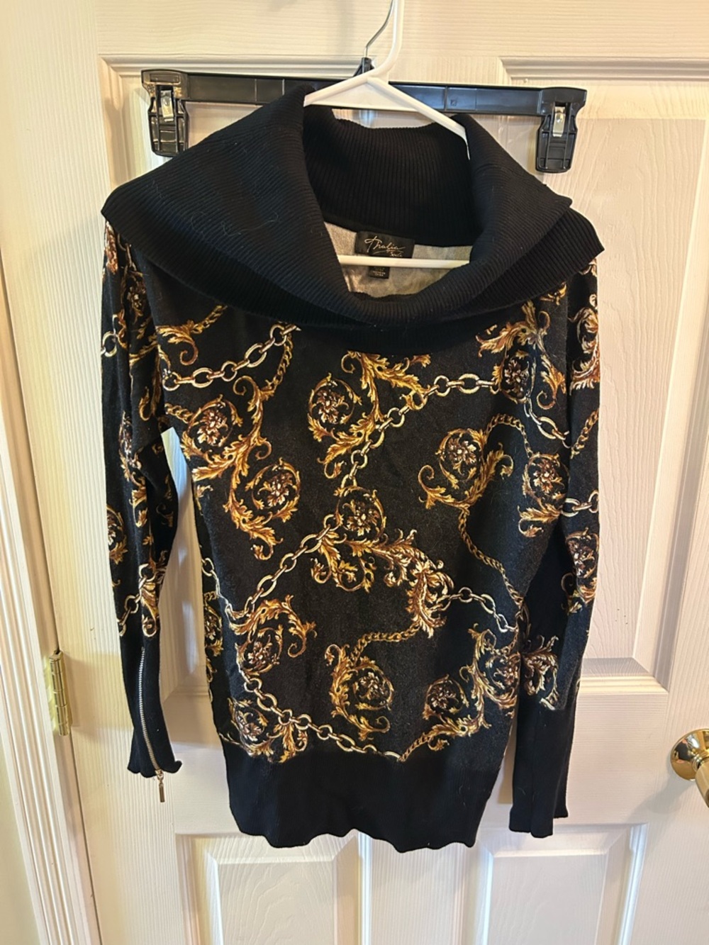Thalia Sodi Black & Gold Baroque Cowl-Neck Sweater